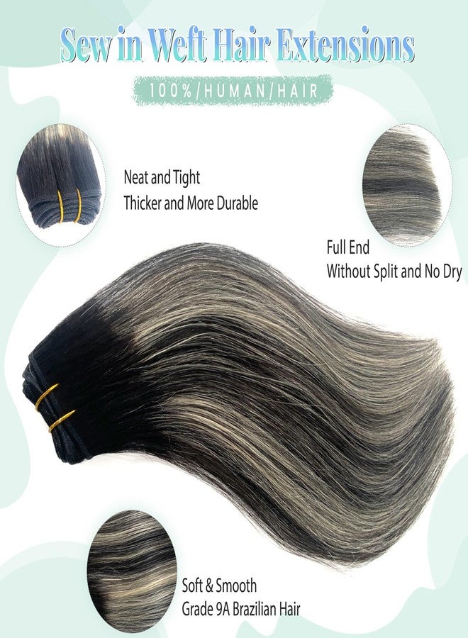 Ubetta Balayage Blonde Highlight Weft Hair Extensions Human Hair Weave Extension Black Hair Balayage White Grey Highlights Sew in Hair Extensions Real Human Hair Wefts 18 Inch Hair Wefts Weave Bundles 100G - Image 2