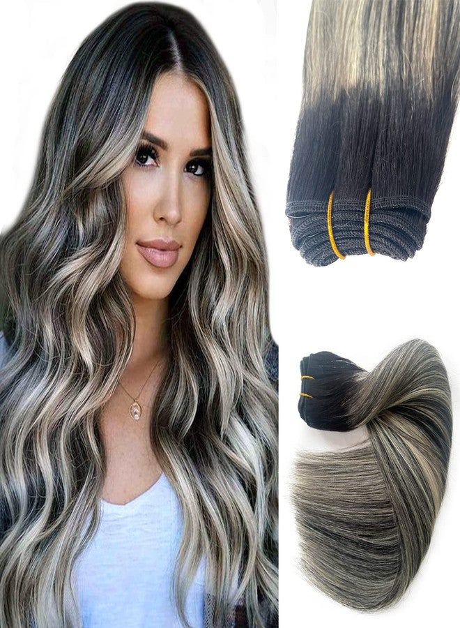 Ubetta Balayage Blonde Highlight Weft Hair Extensions Human Hair Weave Extension Black Hair Balayage White Grey Highlights Sew in Hair Extensions Real Human Hair Wefts 18 Inch Hair Wefts Weave Bundles 100G - Image 1