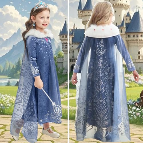 Luzlen Winter Snow Princess Costume for Girls Halloween Birthday Cosplay Dress with Cape Accessories Blue, 3-4 Years(Label 110) - Image 3
