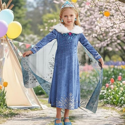 Luzlen Winter Snow Princess Costume for Girls Halloween Birthday Cosplay Dress with Cape Accessories Blue, 3-4 Years(Label 110) - Image 4