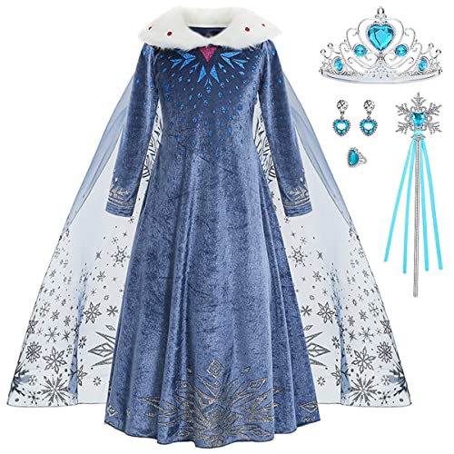 Luzlen Winter Snow Princess Costume for Girls Halloween Birthday Cosplay Dress with Cape Accessories Blue, 3-4 Years(Label 110) - Image 1