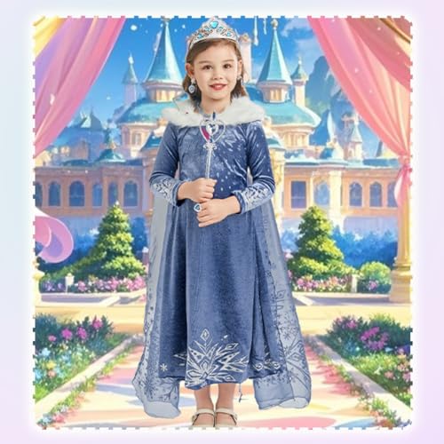 Luzlen Winter Snow Princess Costume for Girls Halloween Birthday Cosplay Dress with Cape Accessories Blue, 3-4 Years(Label 110) - Image 2