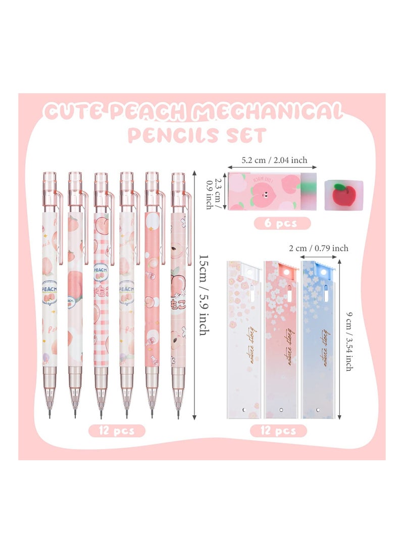 Y&D - 12 Pieces Kawaii Juice Peach Mechanical Pencil with 6 Cute Erasers and Tube HB Refills Fruit Set for Student Writing, Drawing, Sketching, Architecture (0.5mm) - Image 1