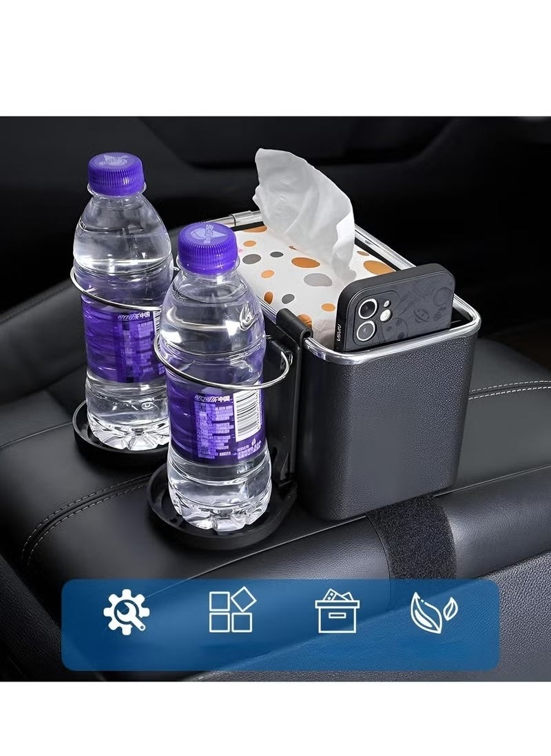 Generic - Multifunctional Car Armrest Storage Box with Foldable Cup Holder Paper Towel Storage Box for Coffee Cups, Water Bottles, Phones, Keep Side Console Tidy (Black) - Image 1