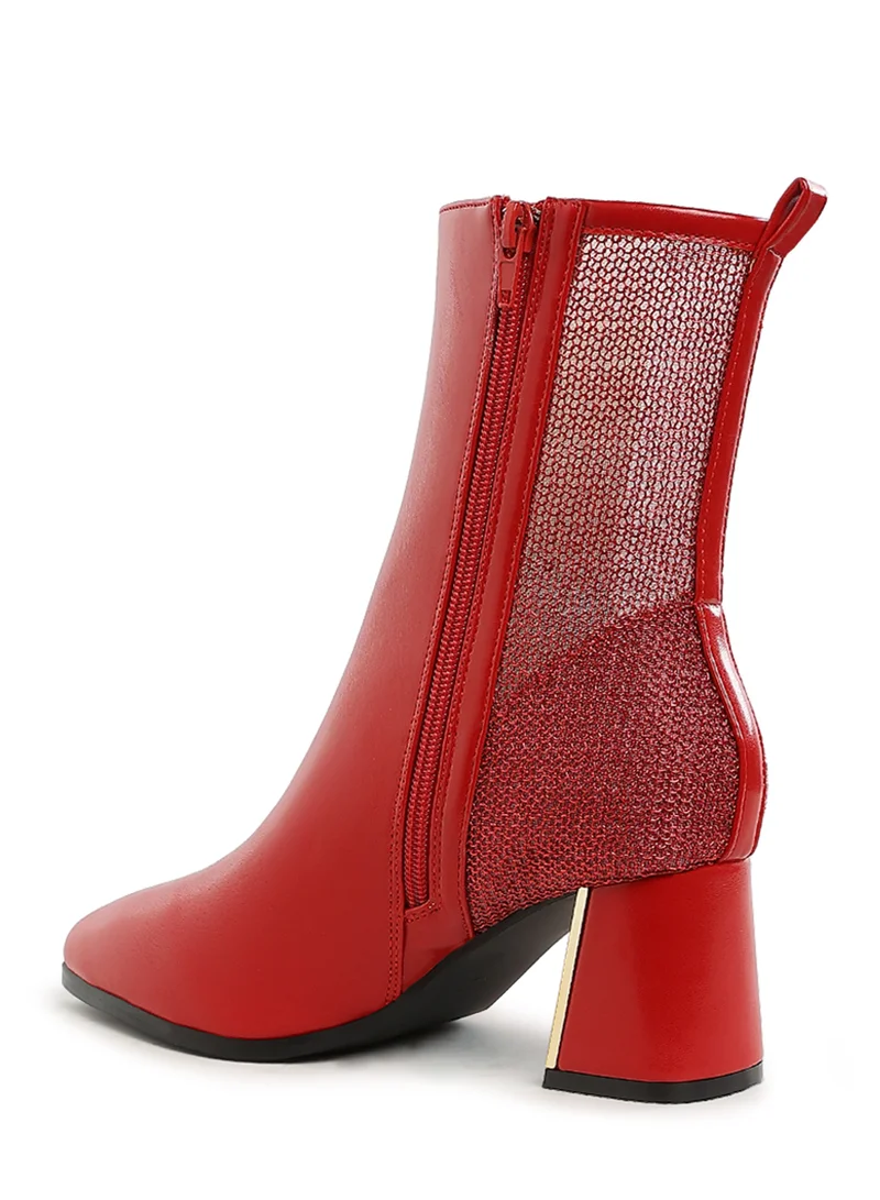London Rag Mesh Detail Pointy Ankle Boots in Red