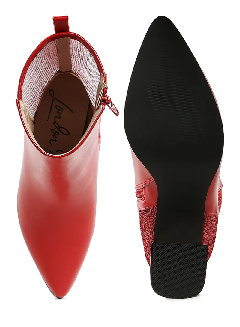 London Rag Mesh Detail Pointy Ankle Boots in Red