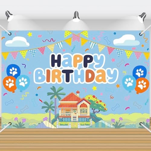 BOBORAT 5x3ft Blue Dog Birthday Backdrop with 32ft Ribbon, Birthday Party Decoration Background, Cute Cartoon Animal Theme Photo Banner for Kid, Adult (Style D) - Image 1