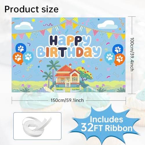 BOBORAT 5x3ft Blue Dog Birthday Backdrop with 32ft Ribbon, Birthday Party Decoration Background, Cute Cartoon Animal Theme Photo Banner for Kid, Adult (Style D) - Image 2