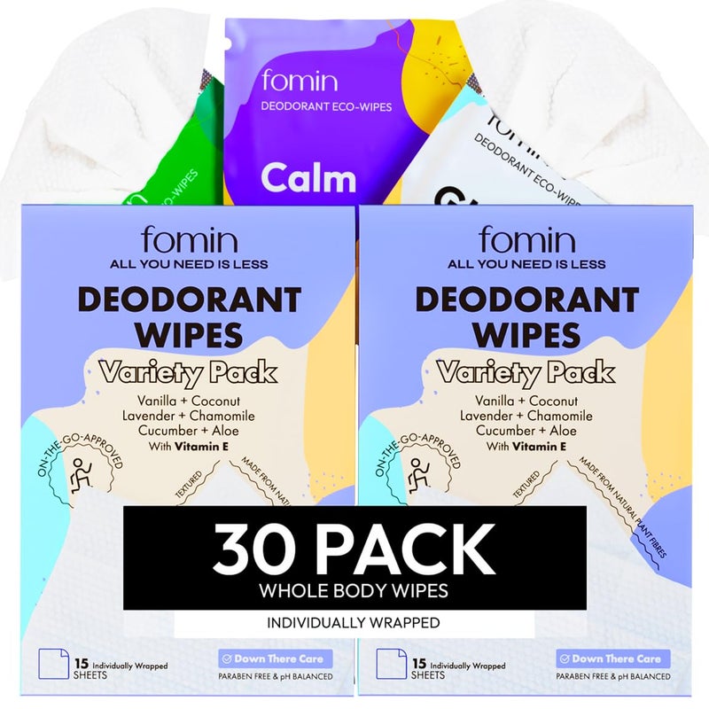 FOMIN Travel Deodorant Wipes - 30 Count - Variety Pack - pH Balanced, Hypoallergenic Mini Deodorant Wipes For Women and Men - Plastic-Free, Individually Wrapped Underarm & Body Wipes - Image 1