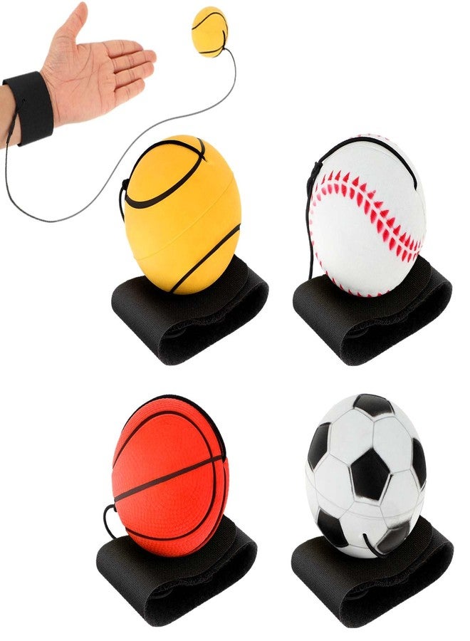 DSLSQD 4 Pieces Wrist Return Ball - 2 Inch Rubber Rebound Wristband On A String Sports Ball Includes Basketball, Baseball and Football for Teens Adults Exercise or Play (Nomal) - Image 1