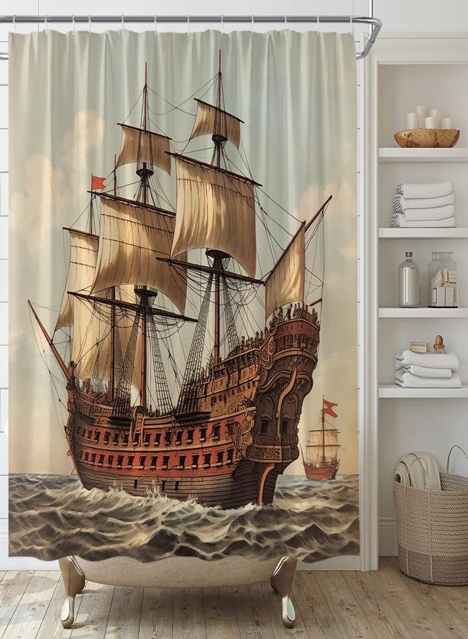 YSATNSFT Pirate Ship Shower Curtain Vintage Nautical Sailboat Sailing Sea Adventure Seascape Coastal Fabric Bathroom Decor Set with Hooks,(70" WX70 H) - Image 1