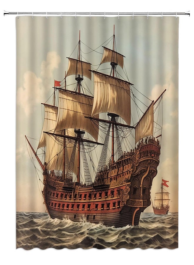 YSATNSFT Pirate Ship Shower Curtain Vintage Nautical Sailboat Sailing Sea Adventure Seascape Coastal Fabric Bathroom Decor Set with Hooks,(70" WX70 H) - Image 2
