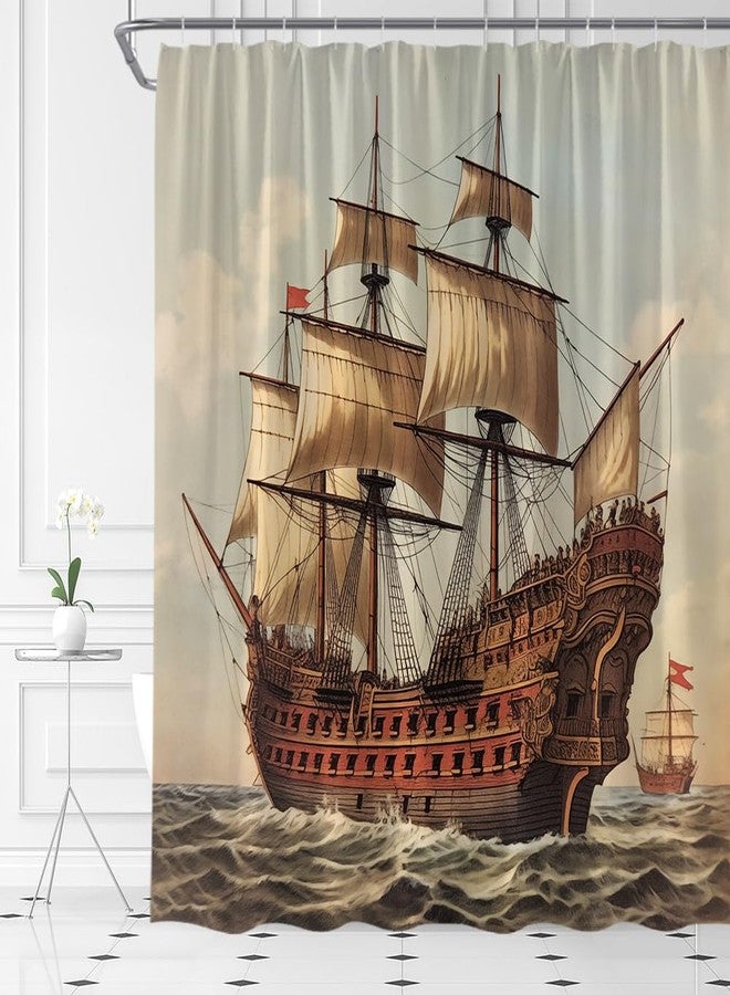 YSATNSFT Pirate Ship Shower Curtain Vintage Nautical Sailboat Sailing Sea Adventure Seascape Coastal Fabric Bathroom Decor Set with Hooks,(70" WX70 H) - Image 3