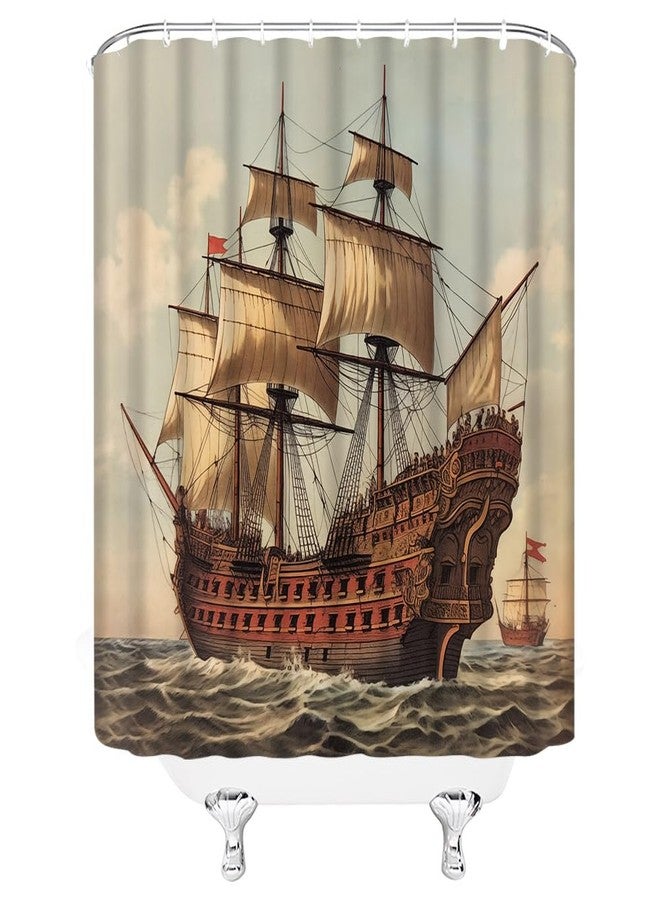 YSATNSFT Pirate Ship Shower Curtain Vintage Nautical Sailboat Sailing Sea Adventure Seascape Coastal Fabric Bathroom Decor Set with Hooks,(70" WX70 H) - Image 4