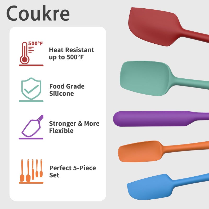 Coukre Silicone Spatula Set of 5,High Heat Resistant, Food Grade Silicone, Upgraded Extended Reinforced Handle,Dishwasher Safe, for Baking, Cooking (Pure Colorful B, Solid color) - Image 3