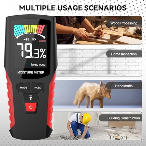 Serplex® Wood Moisture Meter with Light, Pinless Moisture Meter, LCD Color Display, Wall Moisture Meter with Sound Alarm & 4 Mode Moisture Sensor for Firewood, Lumber, Masonry, Battery Not Included - Image 5