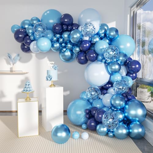 MEBAY Blue Balloon Arch Kit 147 Pcs Metallic Macaron Light Navy Blue Balloons Garland with Confetti for Baby Shower Birthday Wedding Ocean Themed Party Decoration - Image 1