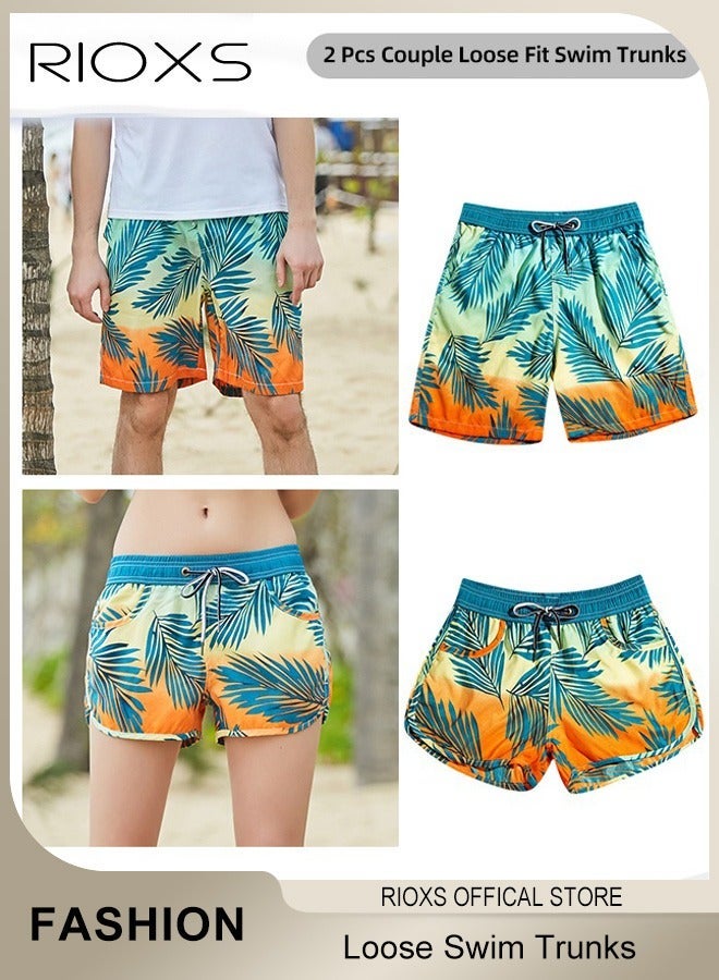 RIOXS 2 Pcs Adult Lovers Loose Swim Trunks, Mens Swim Trunks+ Women Beach Shorts, Quick-Drying Beach Swimwear, Breathable Bathing Suit With Pockets, Print Drawstring  Swimwear Board Shorts - Image 3