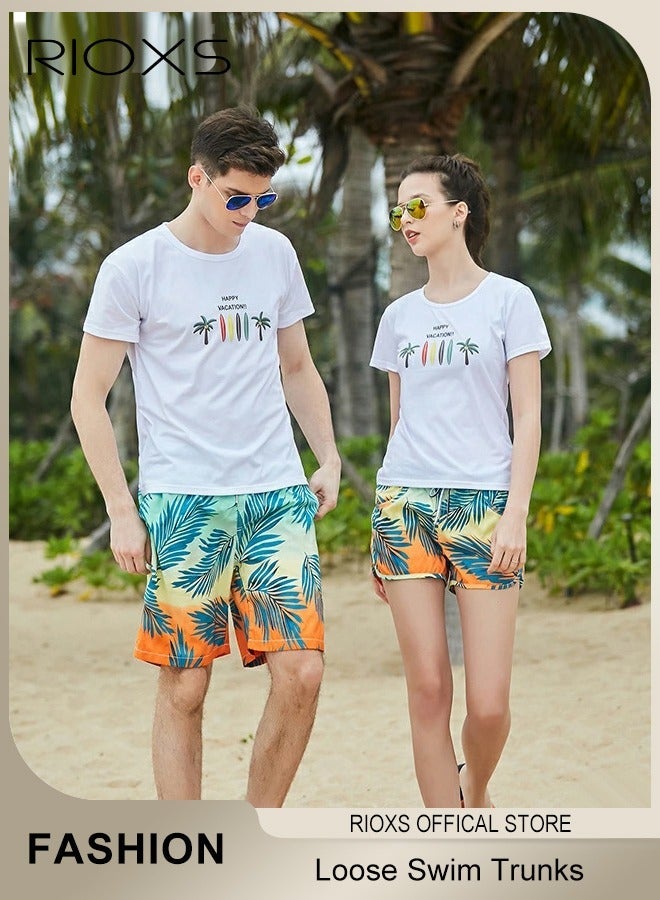 RIOXS 2 Pcs Adult Lovers Loose Swim Trunks, Mens Swim Trunks+ Women Beach Shorts, Quick-Drying Beach Swimwear, Breathable Bathing Suit With Pockets, Print Drawstring  Swimwear Board Shorts - Image 1