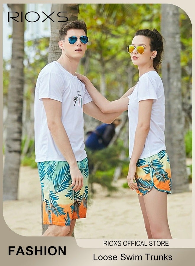 RIOXS 2 Pcs Adult Lovers Loose Swim Trunks, Mens Swim Trunks+ Women Beach Shorts, Quick-Drying Beach Swimwear, Breathable Bathing Suit With Pockets, Print Drawstring  Swimwear Board Shorts - Image 2
