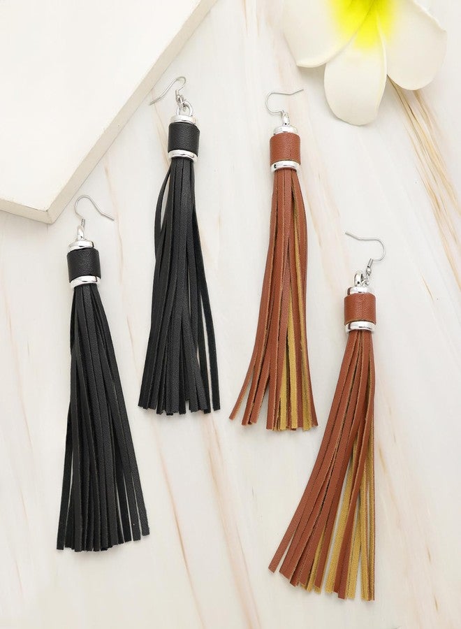 RechicGu 2x Western Earrings For Women Country Concert Pu Leather Long Tassels Stainless Steel Ear Hook Cowgirl Cowboy Bohemian Earrings Jewelry Set,Black & Coffee - Image 3