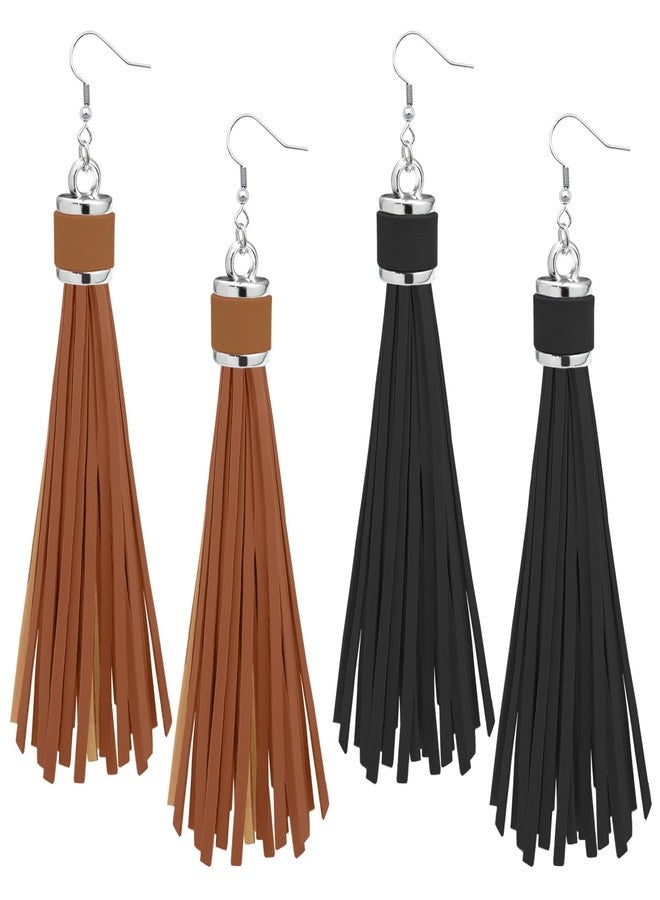 RechicGu 2x Western Earrings For Women Country Concert Pu Leather Long Tassels Stainless Steel Ear Hook Cowgirl Cowboy Bohemian Earrings Jewelry Set,Black & Coffee - Image 1