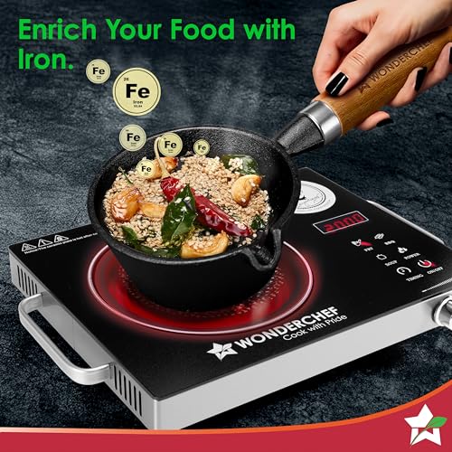 Wonderchef Ferro Light-Weight Cast-Iron Tadka Pan for Tempering, 40% Lighter, Pre-Seasoned with 100% Vegetable Oil, Chemical-Free, Induction-Friendly, Long Cool-Touch Wood Handles, 10-Yr Warranty - Image 4