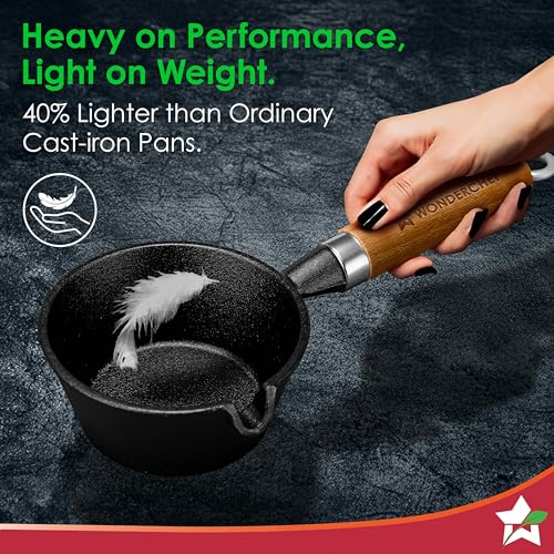 Wonderchef Ferro Light-Weight Cast-Iron Tadka Pan for Tempering, 40% Lighter, Pre-Seasoned with 100% Vegetable Oil, Chemical-Free, Induction-Friendly, Long Cool-Touch Wood Handles, 10-Yr Warranty - Image 3
