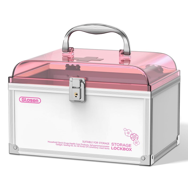Glosen Medicine Lock Box With Key,pink,8.46 * 5.87 * 5.51 Inch,locked Medicine Box with Child Safe Lock - Image 1