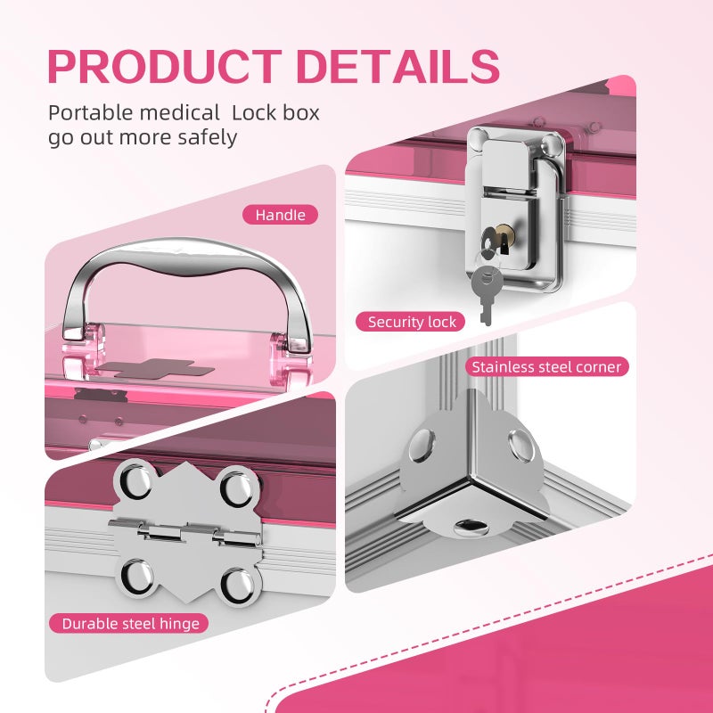 Glosen Medicine Lock Box With Key,pink,8.46 * 5.87 * 5.51 Inch,locked Medicine Box with Child Safe Lock - Image 3