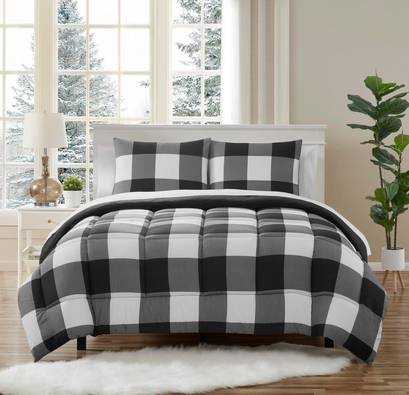 7 Piece Comforter Set Bag Solid Color All Season Soft Down Alternative Blanket  Luxurious Microfiber Bed Sheets Full Buffalo Plaid BlackGray