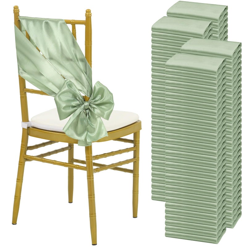 YMHPRIDE YMHPRIDE 120 PCS Sage Green Satin Chair Sashes Ties Bows Designed Chair Sashes for Wedding Party Baby Shower Banquet Restaurant Hotel Folding Chairs Decoration(Sage Green 7x78 inch)  - Image 1