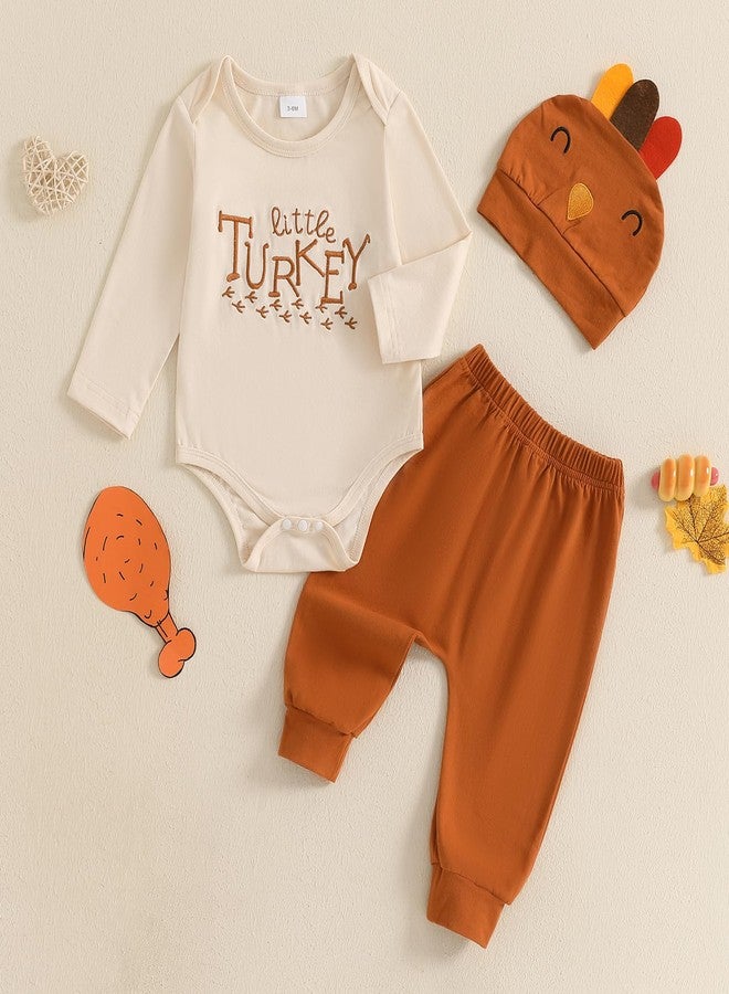 Socutebabe My First Thanksgiving Baby Boy Outfit Infant Little Turkey Hat Bodysuit Pants Newborn 1st Thanksgiving Outfits (Little Turkey Khaki Brown, 0-3 Months) - Image 2