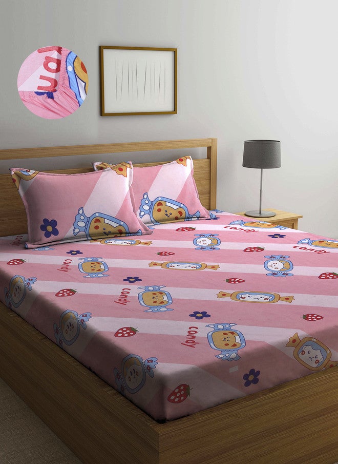 Arrabi Majestic Pink Graphic Polycotton 300 TC Fitted King Fine Bedsheet with 2 Pillow Covers - Image 1