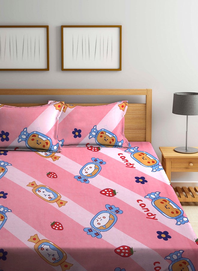 Arrabi Majestic Pink Graphic Polycotton 300 TC Fitted King Fine Bedsheet with 2 Pillow Covers - Image 2