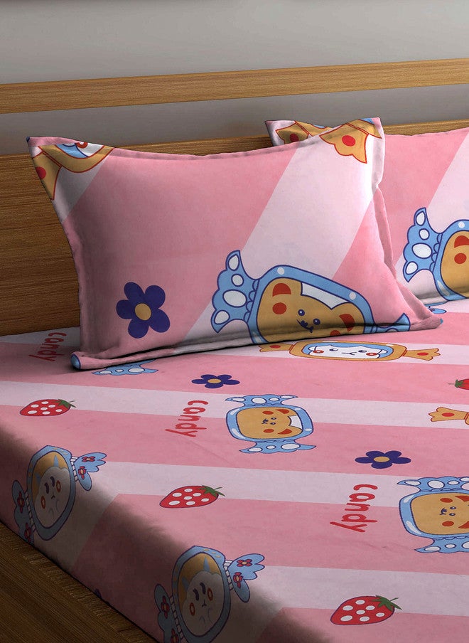 Arrabi Majestic Pink Graphic Polycotton 300 TC Fitted King Fine Bedsheet with 2 Pillow Covers - Image 3