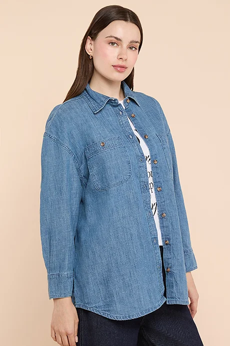 R&B Washed Denim Shirt with Classic Collar and Long Sleeves