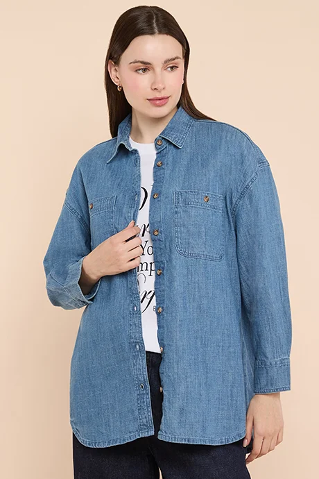 R&B Washed Denim Shirt with Classic Collar and Long Sleeves