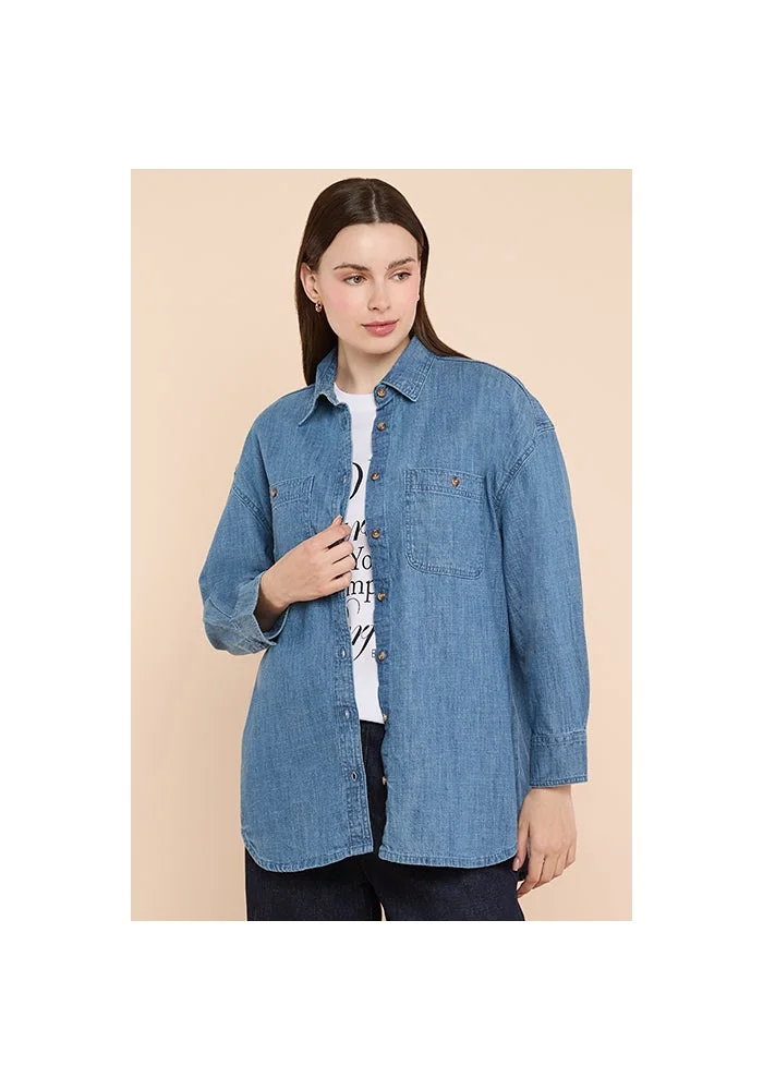 أر أند بي Washed Denim Shirt with Classic Collar and Long Sleeves