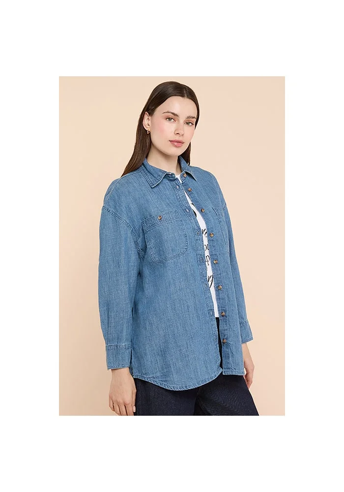 أر أند بي Washed Denim Shirt with Classic Collar and Long Sleeves
