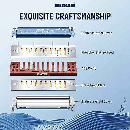 East top Diatonic Harmonica Key of G, 10 Holes 20 Tones 008K Diatonic Mouth Organ Harmonica with Blue Case, Standard Harmonica For Adults, Professionals and Students - Image 2