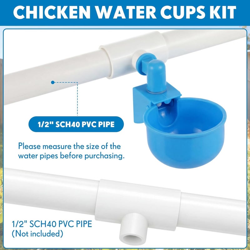 LemonRoad 30 Set Automatic Chicken Waterer Cups with 1/2" PVC Tee Fitting Chicken Drinking Bowl, Poultry Drinker Mounting Hole Opener,Water Dispenser Feeder for Duck, Goose, Turkey, Pigeon(Blue Black) - Image 3
