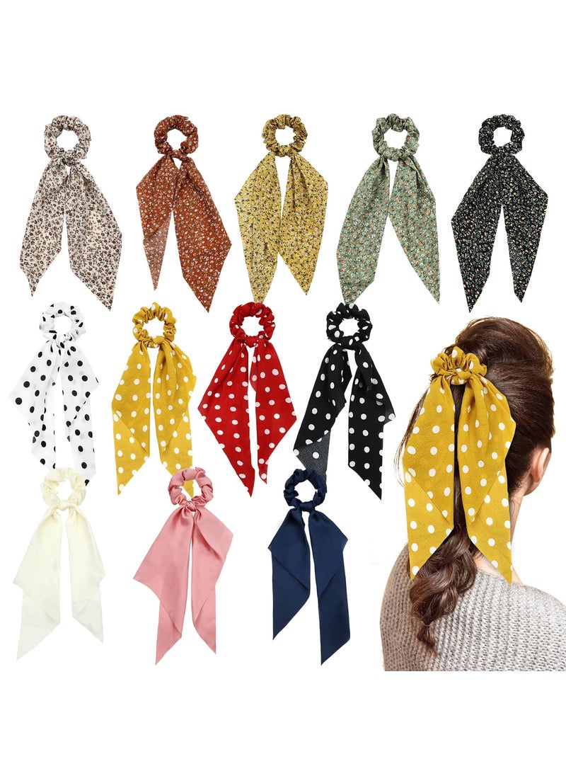 Cinaci Cinaci 12 Pack Stretchy Hair Scrunchies with Long Ribbon Bow Floral Polka Dot Solid Hair Ties Elastics Hairbands Silk Chiffon Ponytail Holders Rubber Bands Accessories for Women Girls 