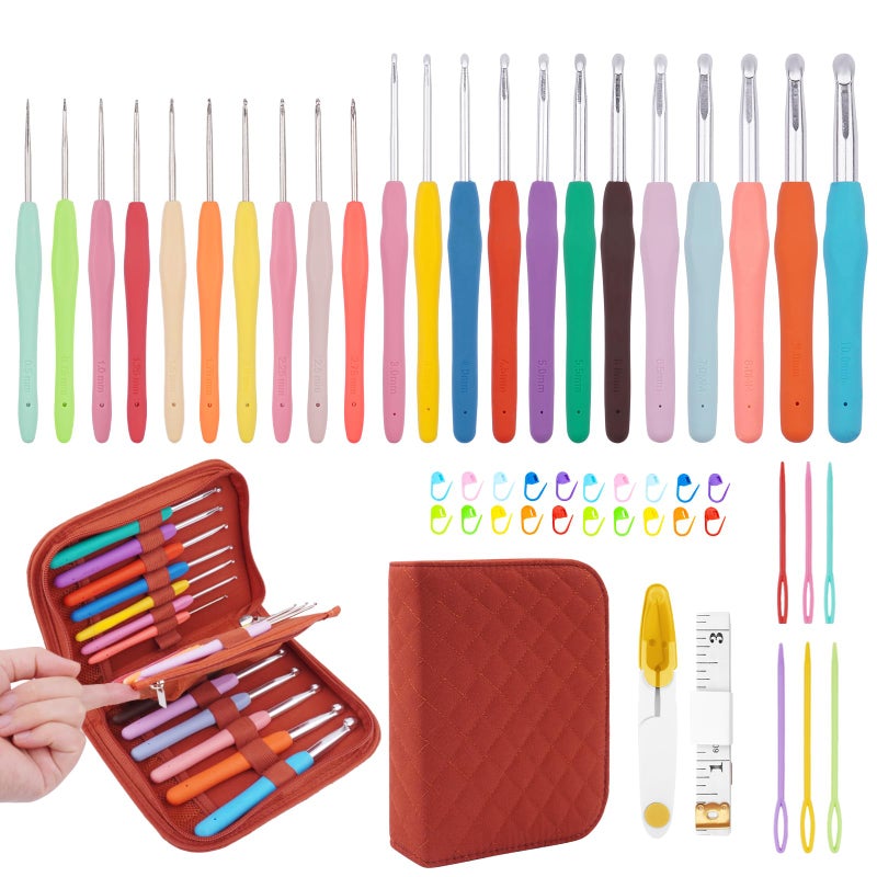BsHooker 22 Sizes Crochet Hooks Set with Storage Case,0.5mm-10mm Crochet Hooks with Ergonomic Soft Handle for Arthritic Hands,Crochet Kit for Beginners,Red - Image 1