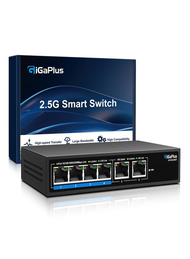 GiGaPlus 6 Port 2.5Gb Unmanaged Ethernet Switch with 4* 2.5G Base-T Ports, 2* 10G RJ45 Ports - Image 1