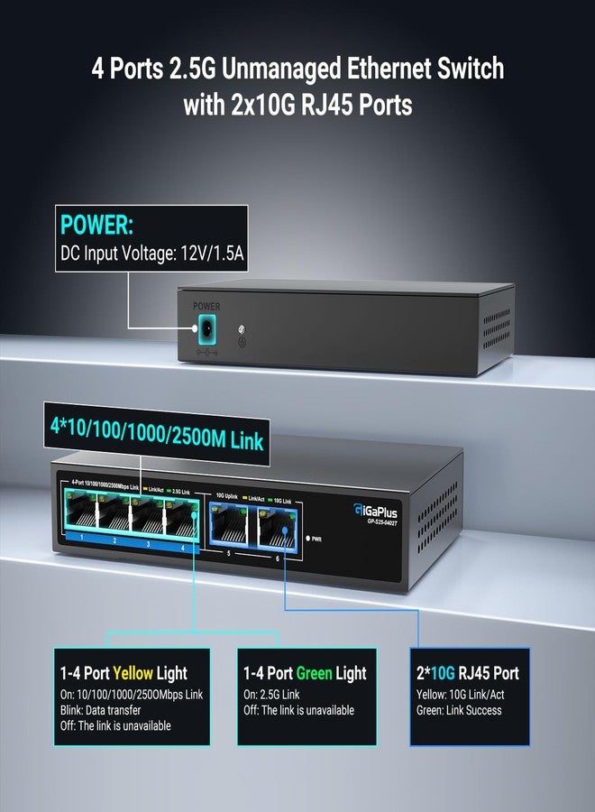 GiGaPlus 6 Port 2.5Gb Unmanaged Ethernet Switch with 4* 2.5G Base-T Ports, 2* 10G RJ45 Ports - Image 2