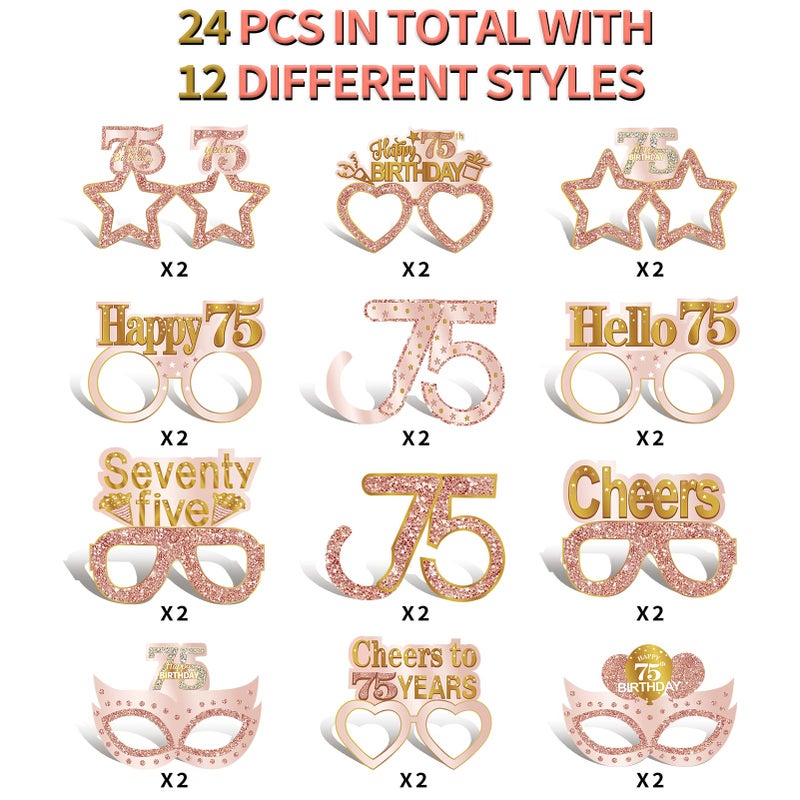 Guiruiy 24PCS 75th Birthday Eyeglasses Decorations for Women, Pink Rose Gold Happy 75th Birthday Paper Eyeglasses Party Supplies, Seventy five Year Old Bday Glasses Decor - Image 3