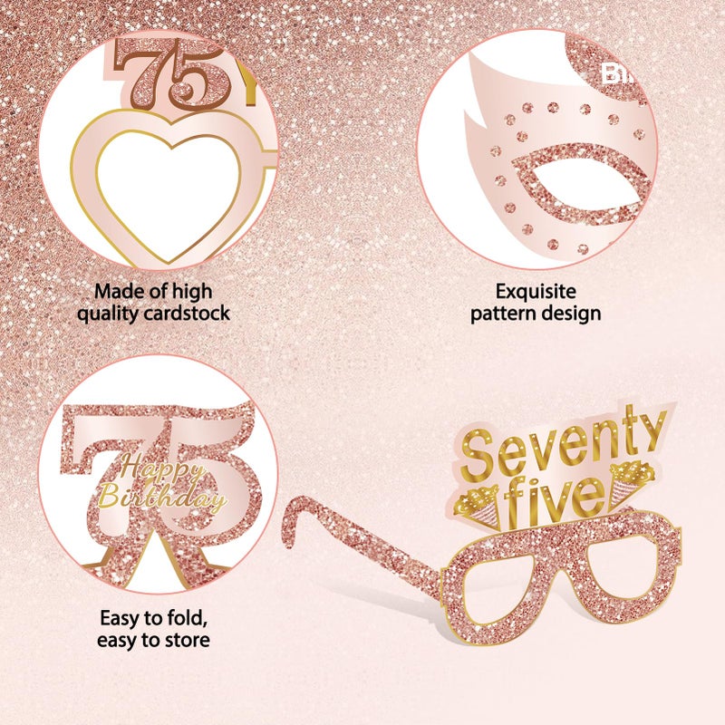 Guiruiy 24PCS 75th Birthday Eyeglasses Decorations for Women, Pink Rose Gold Happy 75th Birthday Paper Eyeglasses Party Supplies, Seventy five Year Old Bday Glasses Decor - Image 4