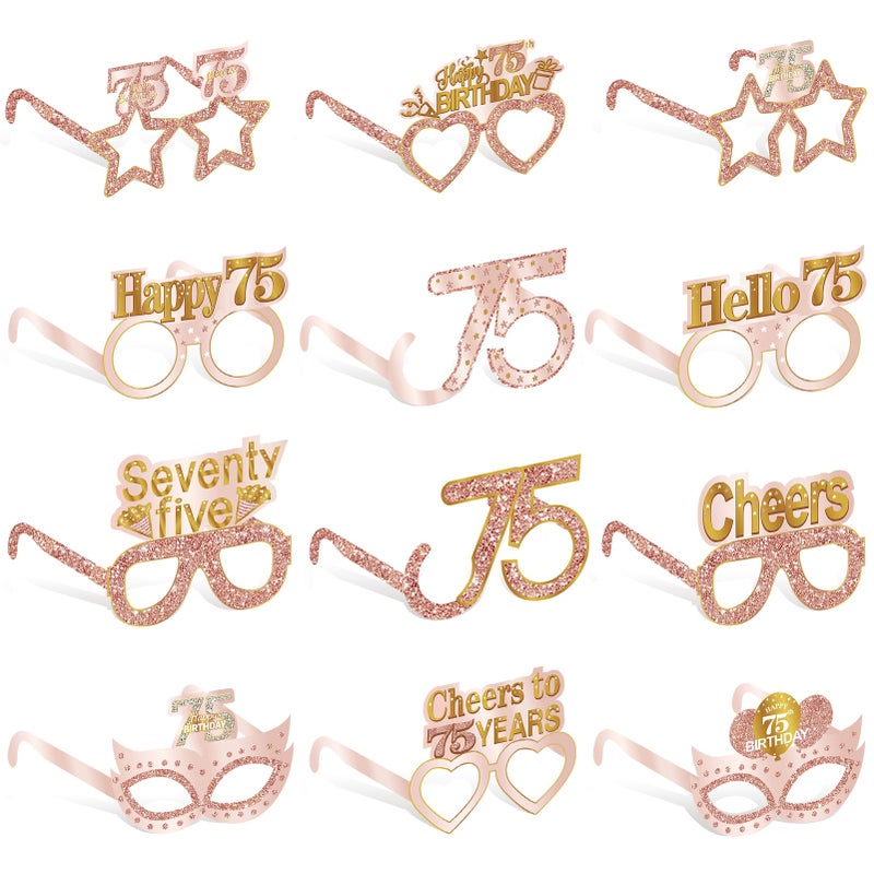 Guiruiy 24PCS 75th Birthday Eyeglasses Decorations for Women, Pink Rose Gold Happy 75th Birthday Paper Eyeglasses Party Supplies, Seventy five Year Old Bday Glasses Decor - Image 1