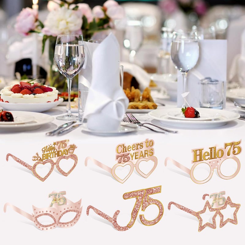 Guiruiy 24PCS 75th Birthday Eyeglasses Decorations for Women, Pink Rose Gold Happy 75th Birthday Paper Eyeglasses Party Supplies, Seventy five Year Old Bday Glasses Decor - Image 5